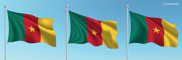 Set of three flags of Cameroon waving on flagpoles