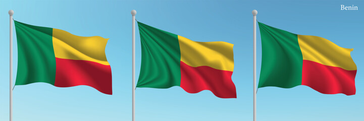 Set of three flags of Benin waving on flagpoles