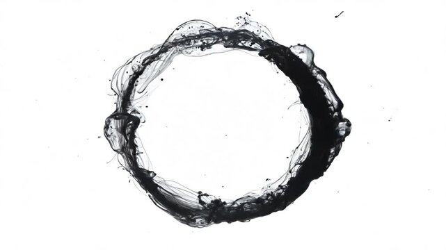 Particles zen circle fluid ink motion loop on white background animation, slow motion. Towards Camera. 4K Video