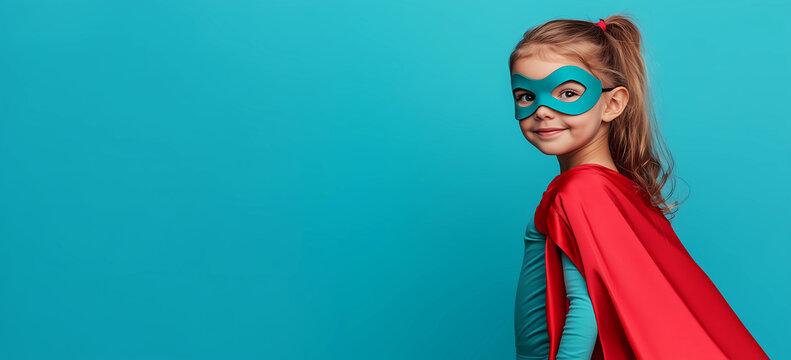 Photo of a happy young girl with blonde hair dressed as a superhero with copy space for a lifestyle banner and ads. Little girl wears red mask, cloak and blue t shirt, pretends having unusual strength - Powered by Adobe