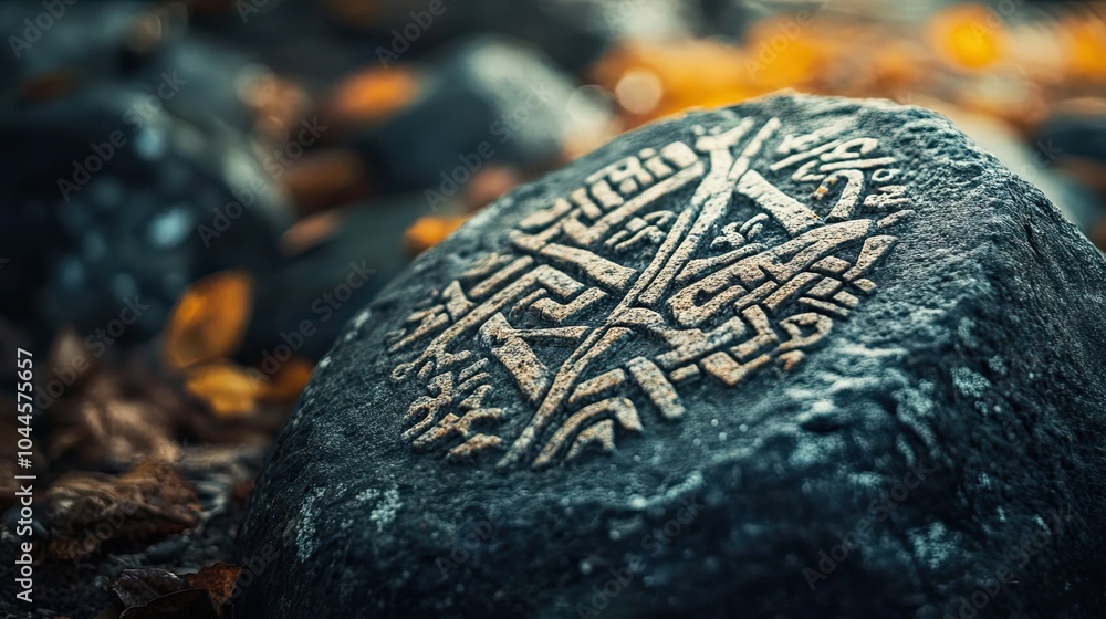 Poster close-up of an ancient carved stone with intricate design