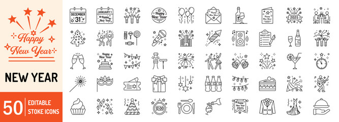 Happy New Year editable stroke outline web icons set. New year, celebration, wishes, music, dance, party, countdown and fireworks. Vector illustration
