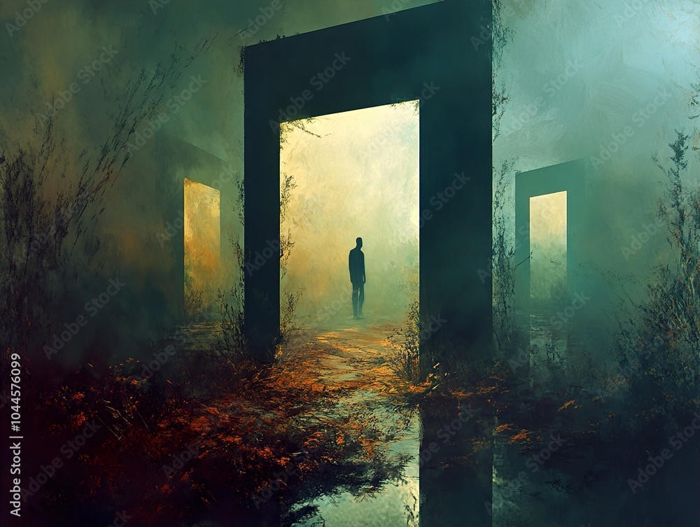 Canvas Prints The Path of Choices: A Surreal Journey Through Fog and Doors