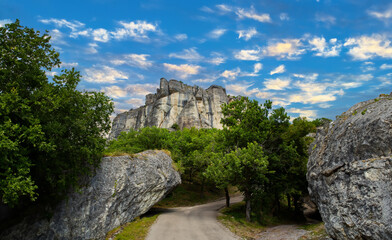 Scenic Bismantova Stone dominating the Tuscan-Emilian Apennines mountain landscape.