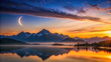 Obraz premium Mountain sunrise with crescent moon reflected on water
