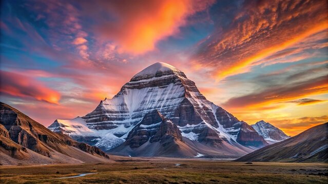 Mountain sunrise over Mount Kailash with colorful autumn sky silhouette