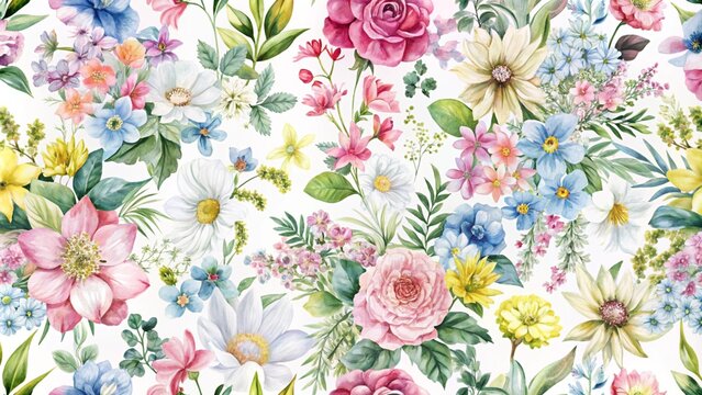 Fototapeta Beautiful seamless floral pattern with watercolor hand drawn gentle summer flowers. Natural artwork. Beautiful seamless liberty pattern with gentle abstract flowers. Modern floral pattern. 