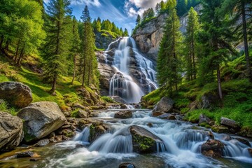 Mountain waterfall in Valle d'Aosta forest flows between trees and rocks, leading lines.