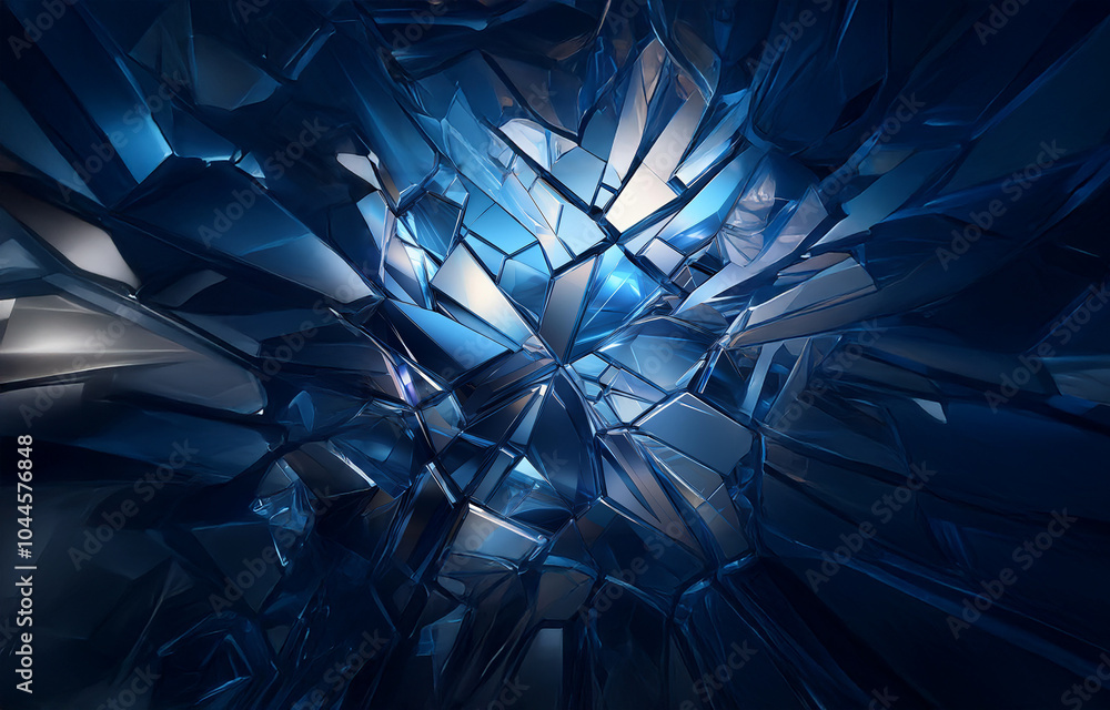 Poster a chaotic abstract pattern of sharp, metallic blue shards creating a dynamic and textured background
