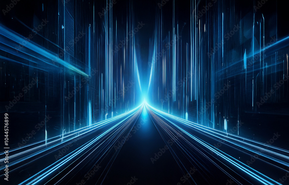 Poster an abstract digital cityscape with glowing blue lines and light streaks extending into the distance.