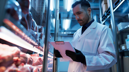 Professional food inspector examining meat in cold storage with clipboard, ensuring quality and safety