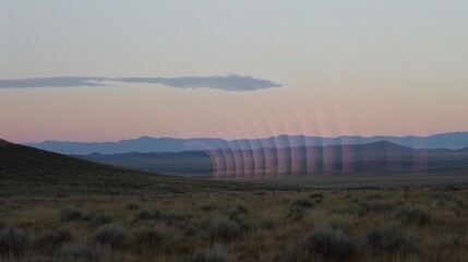 Sound waves radiating across a serene landscape, symbolizing the interconnectedness and harmony of natural and auditory elements.