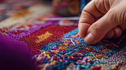 Close-up of a Hand Embroidering a Colorful Fabric