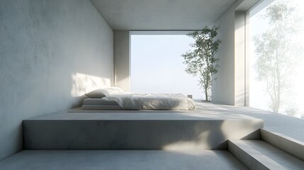 A minimalist bedroom with clean lines, soft textures, and a serene atmosphere