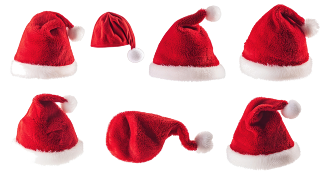 Collection of Festive Red Santa Hats on a Transparent Background Generative AI