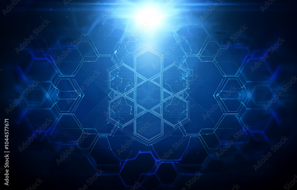 Poster a bright light shines from the center of a dark blue hexagonal pattern.