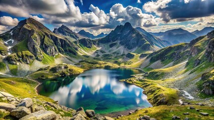 Mountains panorama with rocky peaks and glacial lakes Carpathian Mountains Macro