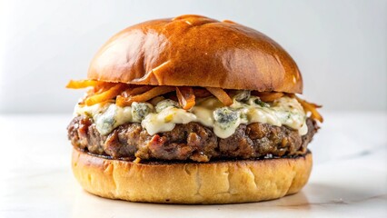 Mouthwatering bison burger with blue cheese and caramelized onions on white surface