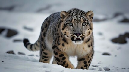 Fototapeta premium Snow Leopard, A Majestic Snow Leopard Walking Through a Snowy Mountain Landscape, Capturing the Essence of Wild Beauty and Grace