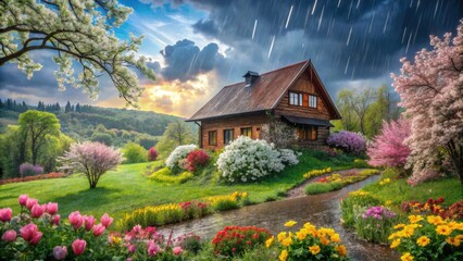 Fototapeta premium Spring Nature Landscape Rain at a Charming Rural House in 4K Timelapse, Capturing Vibrant Colors and Serene Atmosphere of Countryside Beauty