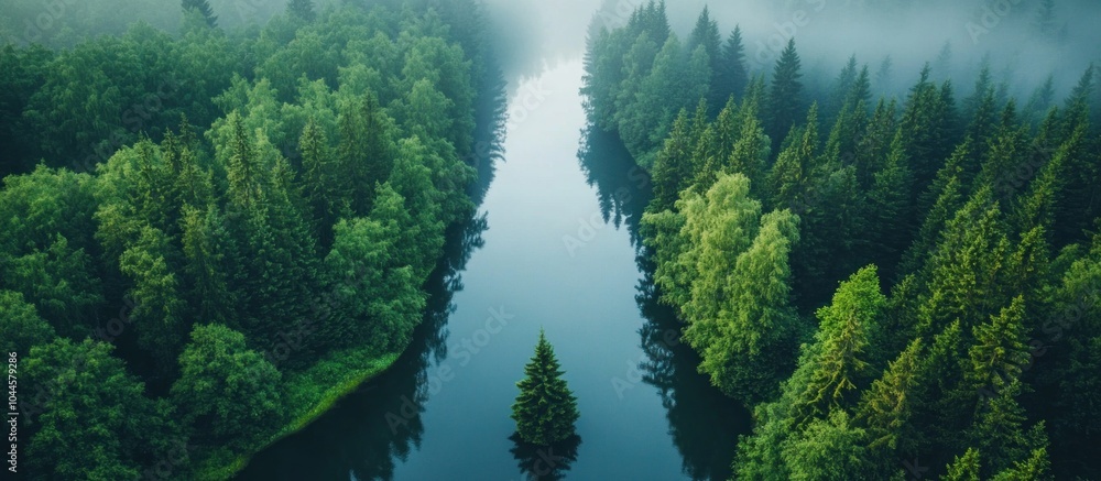 Aufkleber aerial view of a river flowing through a dense forest with fog in the background.