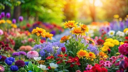 Fototapeta premium Multicolored bright summer flowers in the garden. Colorful floral background.
