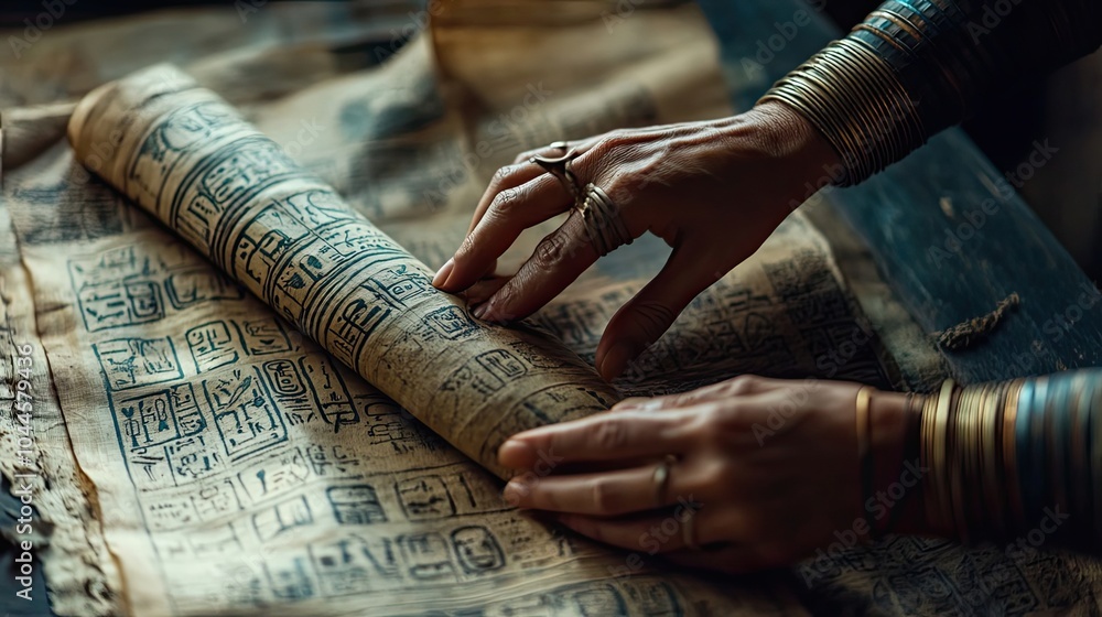 Poster a hand unfurling an ancient papyrus scroll with hieroglyphic writing