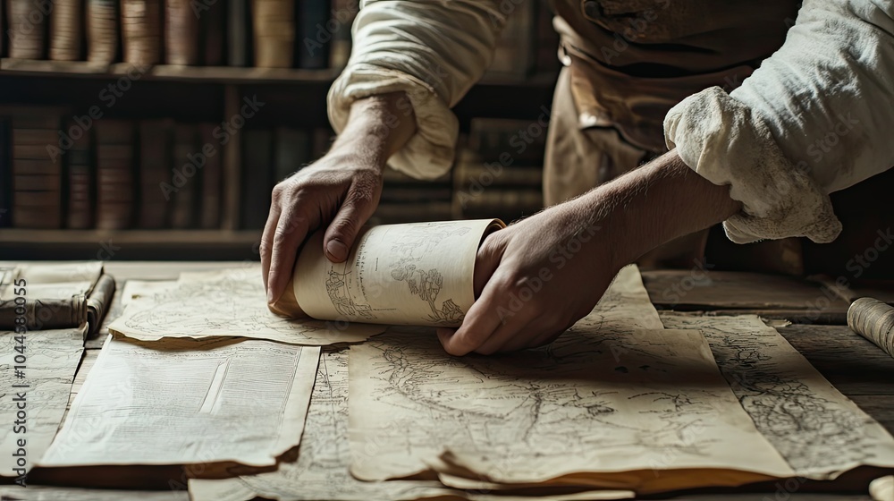 Poster a man unrolling an ancient manuscript in a library setting