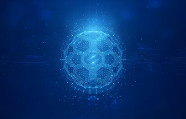 A glowing, geometric sphere with a complex, interwoven structure, surrounded by swirling energy, against a deep blue background.