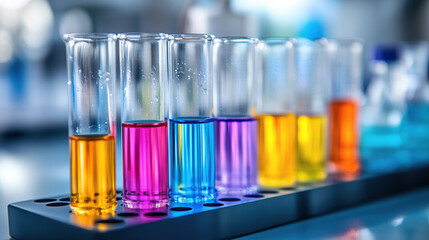 Test tubes with colorful liquids in a laboratory