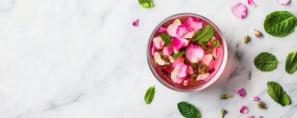 Refreshing rose petal drink with mint on a marble background.