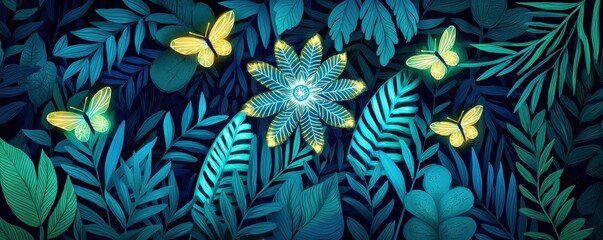 Colorful butterflies and vibrant flowers in lush greenery.