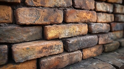 Close-up of weathered bricks forming a rustic wall.