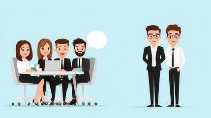 Fototapeta premium Business meeting, diverse team discussing strategy, flat design illustration ,clean background