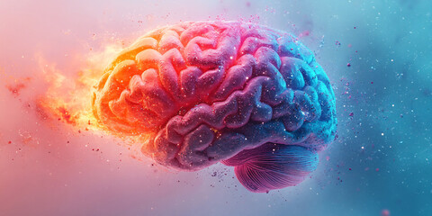 A stylized 3D brain illustration with vibrant splashes of color, perfect for mental health awareness campaigns, neurodiversity initiatives, or creative projects.