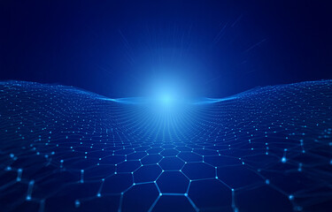 A bright, white light shines through a grid of glowing hexagons against a deep blue background. The grid appears to stretch out like a landscape.