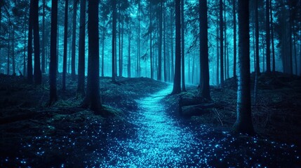 Fototapeta premium Mysterious forest path illuminated by blue light.