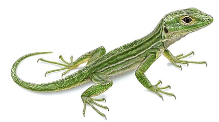Naklejka premium Green Lizard with Striped Pattern: A close-up of a vibrant green lizard with distinct striped markings, showcasing its intricate scales and captivating gaze.