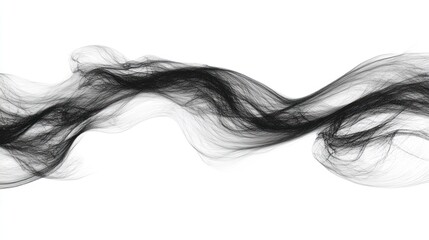 Abstract black wisps of flowing hair or fabric against a white background.