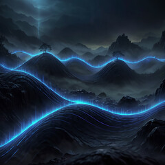 A digital illustration of a dark, misty landscape with rolling hills and glowing blue lines. The sky is stormy with a lightning bolt. Trees and a ruined castle are in the background.