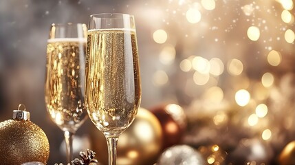 A festive celebration scene featuring champagne glasses adorned with Christmas decorations, perfect for toasting the New Year with joy and cheer