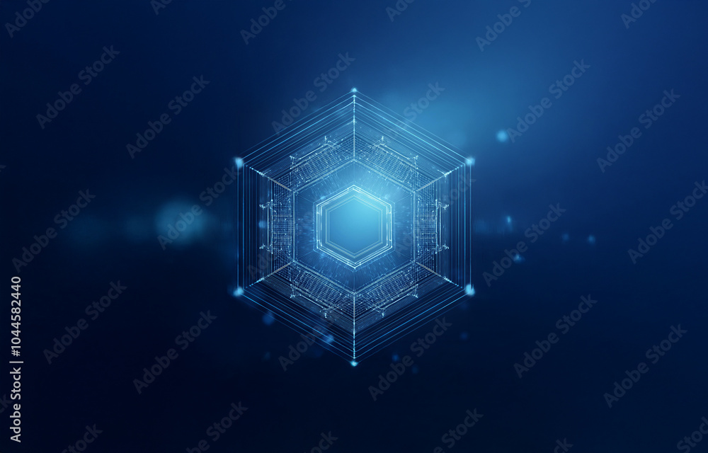 Poster a glowing hexagonal shape in the center of a blue background is surrounded by lines and dots that cr