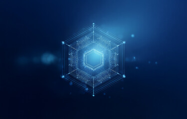 A glowing hexagonal shape in the center of a blue background is surrounded by lines and dots that create a complex geometric pattern.