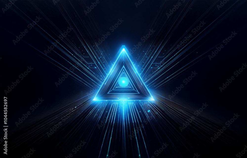 Poster a glowing blue triangle with a circle in the center is surrounded by streaks of light. the triangle 