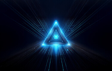 A glowing blue triangle with a circle in the center is surrounded by streaks of light. The triangle appears to be a portal or tunnel, with the streaks of light simulating movement.