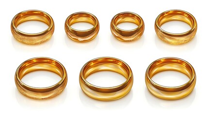 Golden Rings Collection: A captivating display of seven exquisite gold bands, varying subtly in size, showcasing their lustrous sheen and elegant simplicity.  Perfect for jewelry, luxury.