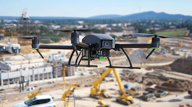 A drone hovering above a construction site, capturing aerial footage for monitoring progress.