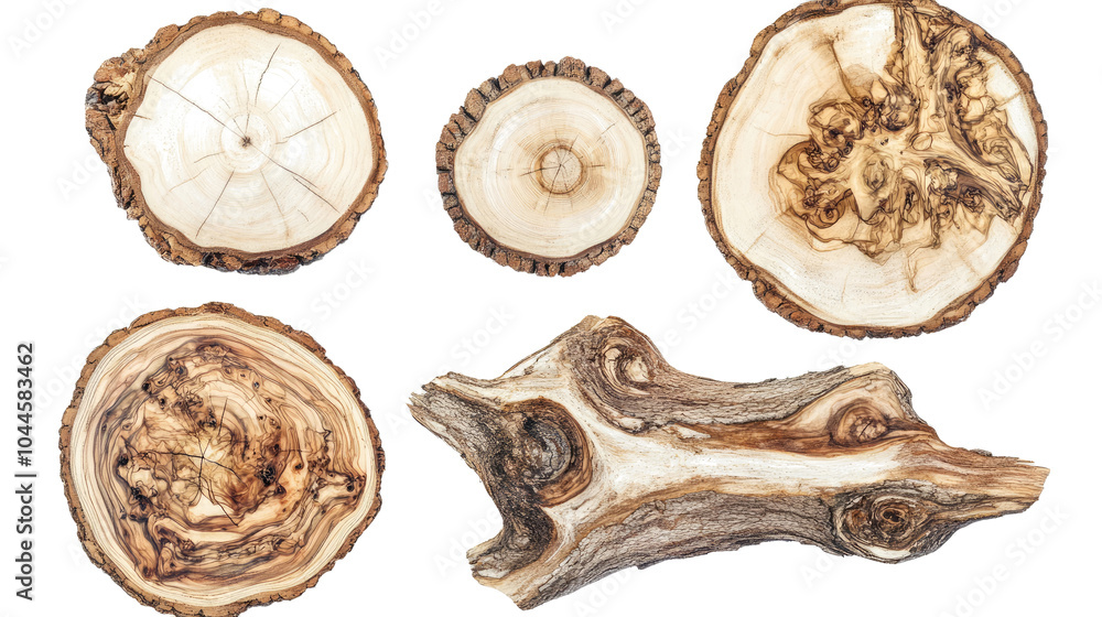 Poster collection of round wooden tree slices on a transparent background generative ai