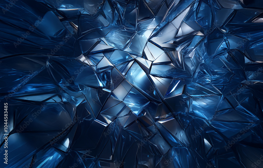 Poster abstract background of geometric shapes in a dark blue and metallic color scheme. the shapes appear 