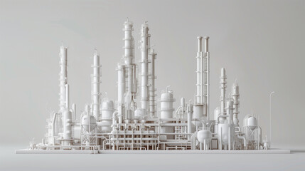 Obraz premium White 3D model of an industrial oil refinery with complex pipes and structures in a minimalistic setting